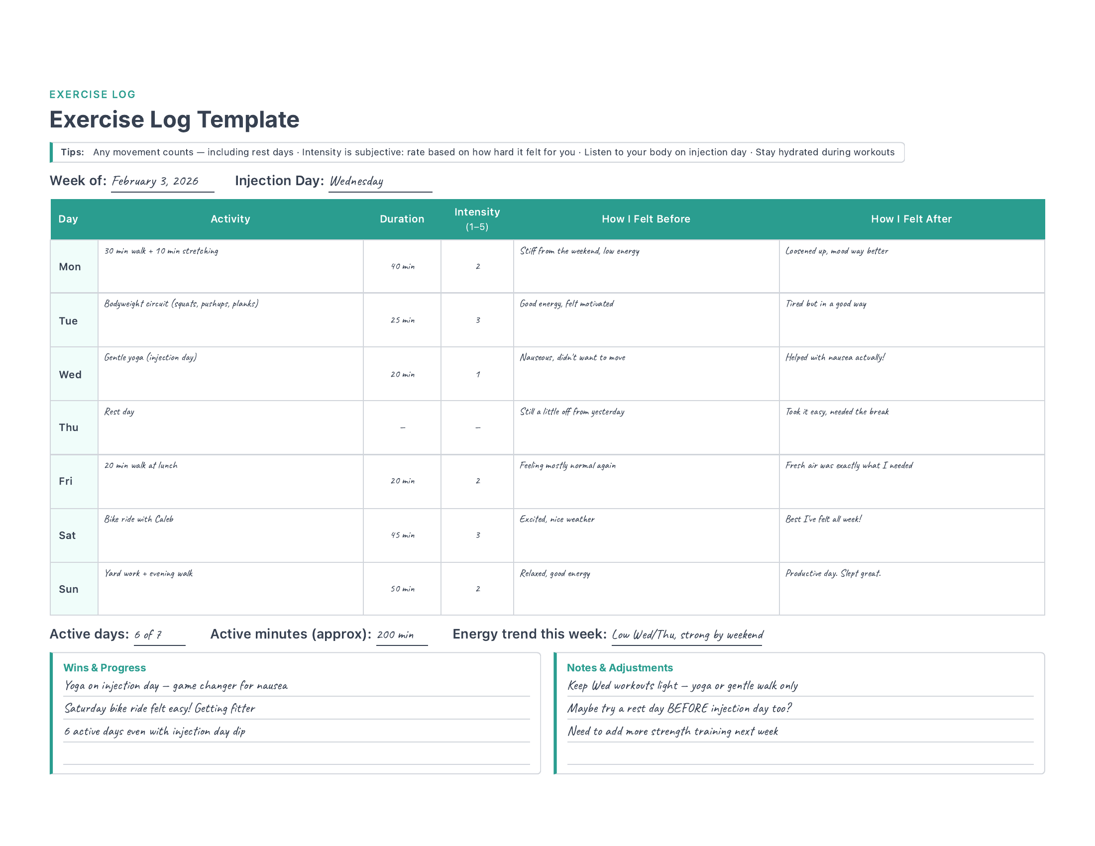 Exercise Log Template preview